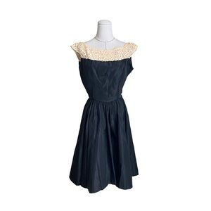Vintage 50s Emma Domb Taffeta Party Cocktail Dress Lace Pearls Rhinestones